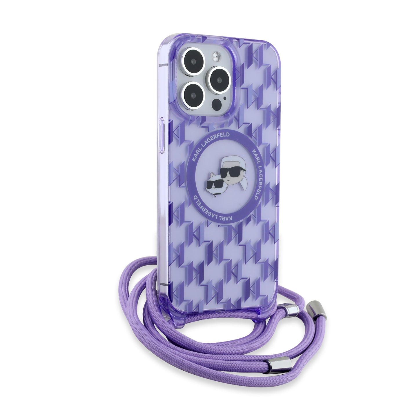 MagSafe Case for Apple iPhone 15 Pro, Karl Lagerfeld, IML Crossbody Monogram Karl & Choupette's Heads, Purple