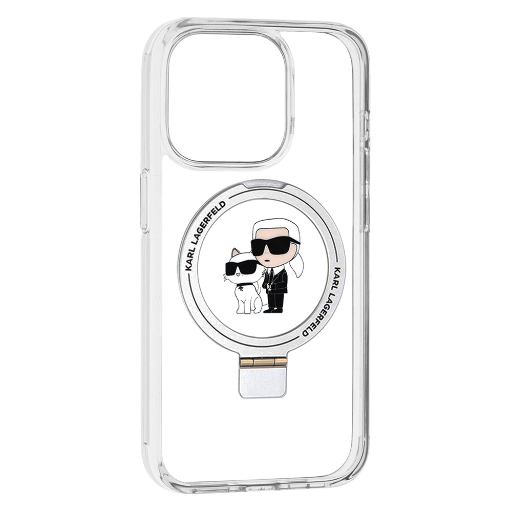 Ovitek MagSafe za Apple iPhone 15 Pro, Karl Lagerfeld, Ring Stand Karl & Choupette, Bela