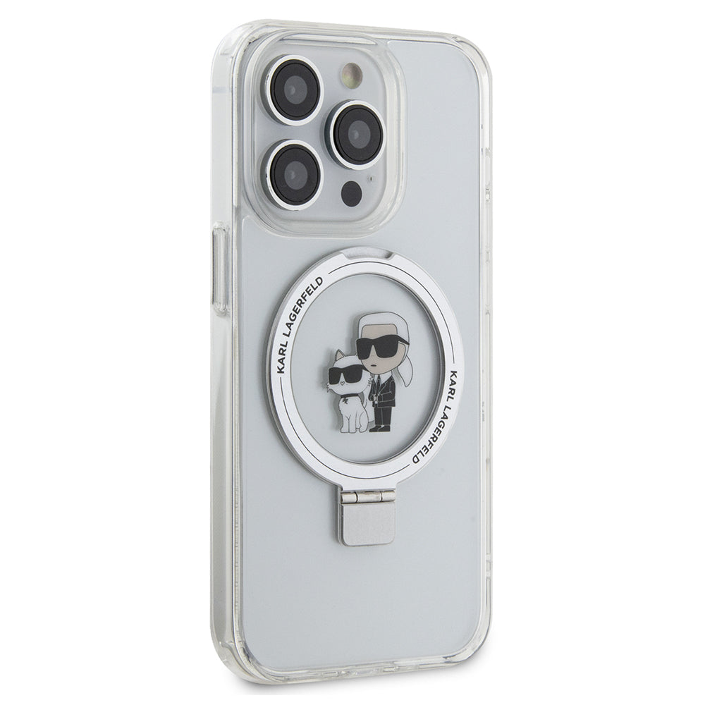 Ovitek MagSafe za Apple iPhone 15 Pro, Karl Lagerfeld, Ring Stand Karl & Choupette, Bela