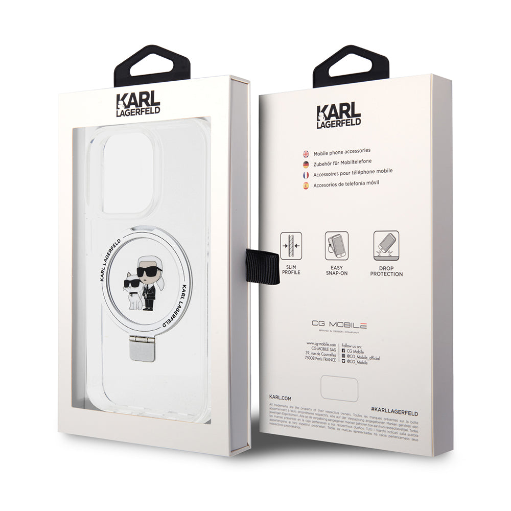 Ovitek MagSafe za Apple iPhone 15 Pro, Karl Lagerfeld, Ring Stand Karl & Choupette, Bela