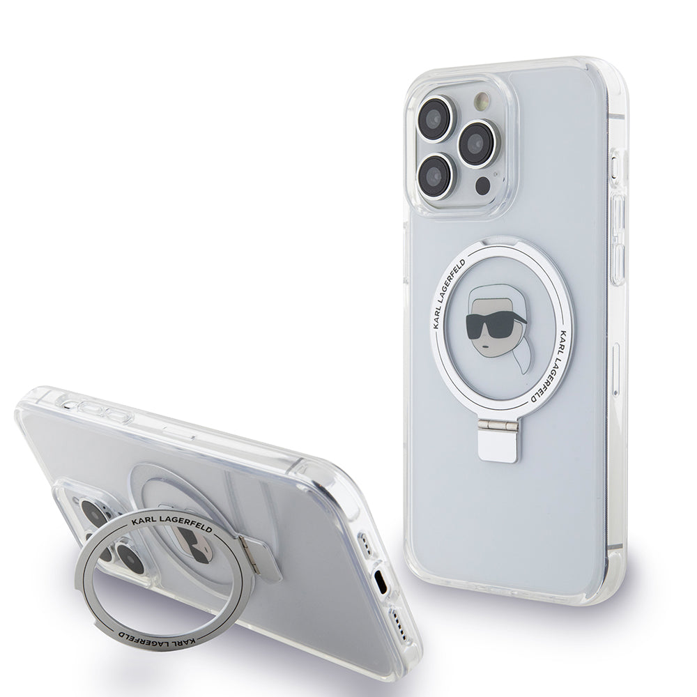 Ovitek MagSafe za Apple iPhone 15 Pro, Karl Lagerfeld, Ring Stand Karl's Head, Bela