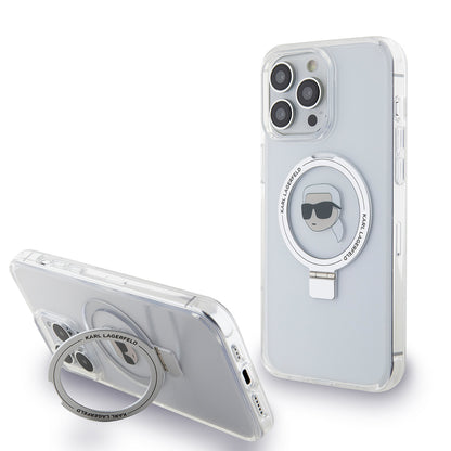 Ovitek MagSafe za Apple iPhone 15 Pro, Karl Lagerfeld, Ring Stand Karl's Head, Bela