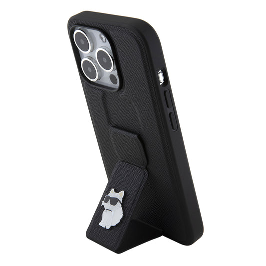 Ovitek MagSafe za Apple iPhone 15 Pro, Karl Lagerfeld, Saffiano Gripstand Choupette, črn.