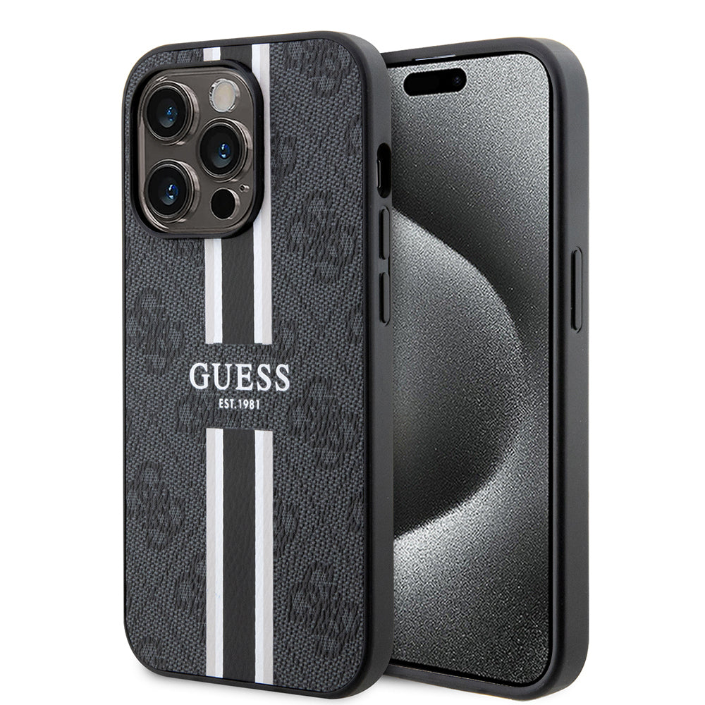Ovitek MagSafe za Apple iPhone 15 Pro Max, Guess, 4G Printed Stripes, črn