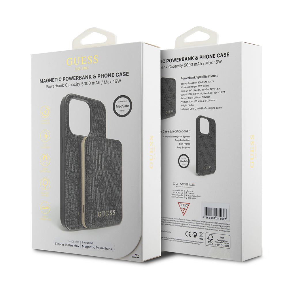 Ovitek MagSafe za Apple iPhone 15 Pro Max, Guess, Powerbank 4G Metal Logo, Črn