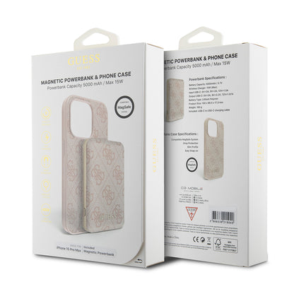 Ovitek MagSafe za Apple iPhone 15 Pro Max, Guess, Powerbank 4G Metal Logo, Roza