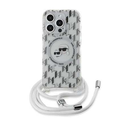 MagSafe Case for Apple iPhone 15 Pro Max, Karl Lagerfeld, IML Crossbody Monogram Karl & Choupette's Heads, Transparent