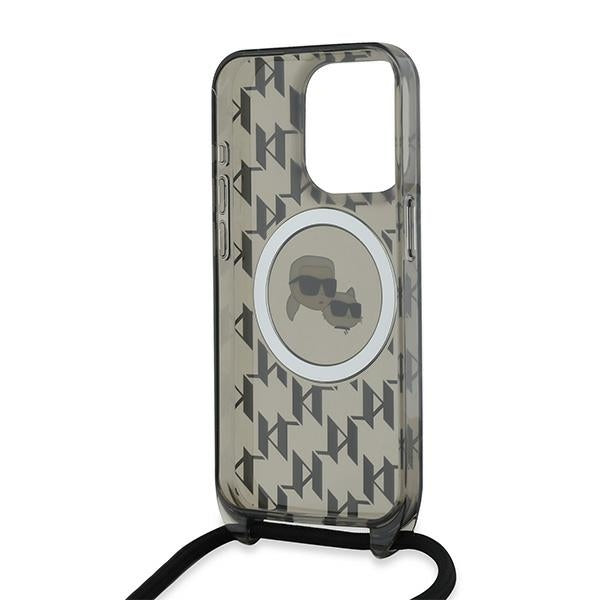 Ovitek MagSafe za Apple iPhone 15 Pro Max, Karl Lagerfeld, IML Crossbody Monogram Karl & Choupette's Heads, črn.