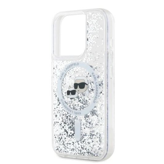 Ovitek MagSafe za Apple iPhone 15 Pro Max, Karl Lagerfeld, Liquid Glitter Karl & Choupette's Heads, Prozoren