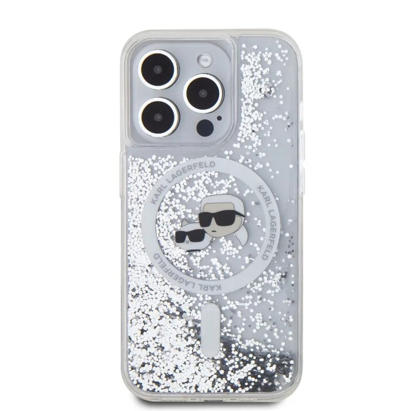 MagSafe Case for Apple iPhone 15 Pro Max, Karl Lagerfeld, Liquid Glitter Karl & Choupette's Heads, Transparent