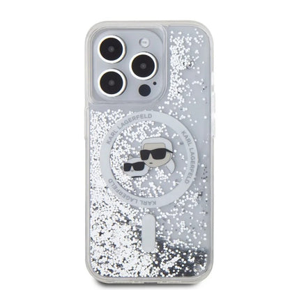 MagSafe Case for Apple iPhone 15 Pro Max, Karl Lagerfeld, Liquid Glitter Karl & Choupette's Heads, Transparent