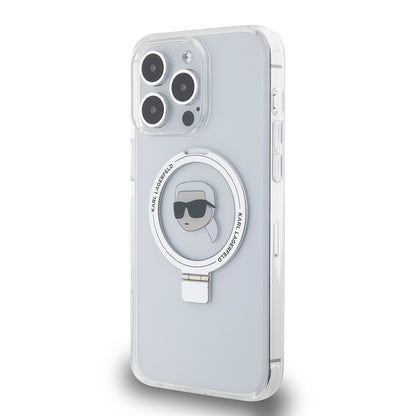 Ovitek MagSafe za Apple iPhone 15 Pro Max, Karl Lagerfeld, Ring Stand Karl's Head, Bela