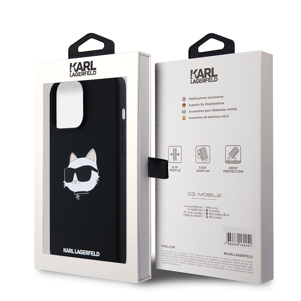 Ovitek MagSafe za Apple iPhone 15 Pro Max, Karl Lagerfeld, silikon Choupette's Head, črn