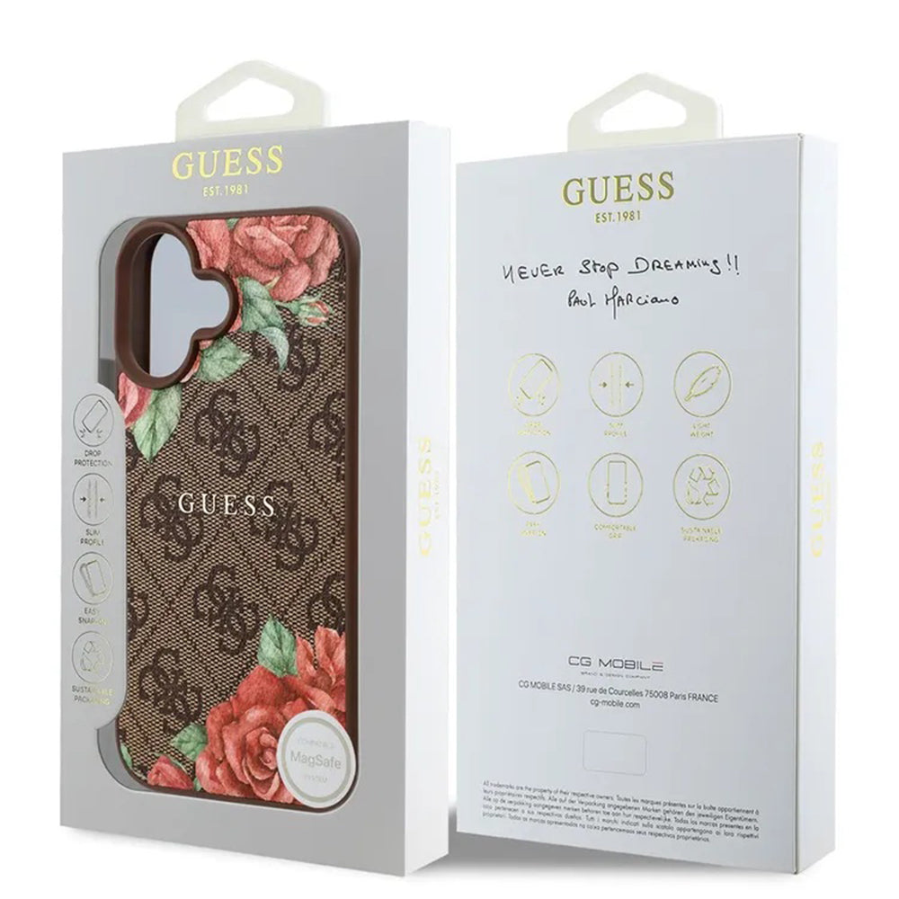 MagSafe ovitek za Apple iPhone 16, Guess, 4G Flowers Print, rjava