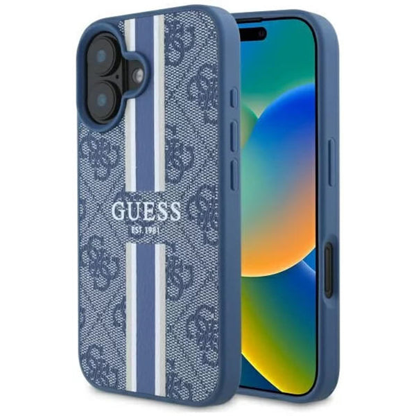 MagSafe ovitek za Apple iPhone 16, Guess, 4G Printed Stripes, Modra