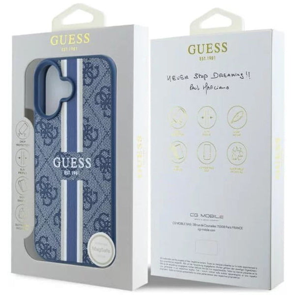 MagSafe ovitek za Apple iPhone 16, Guess, 4G Printed Stripes, Modra