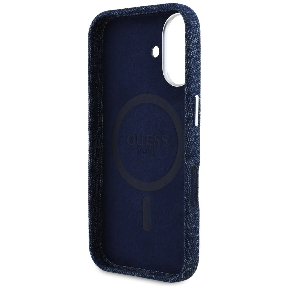 Ovitek MagSafe za Apple iPhone 16, Guess, Denim Triangle Logo, Modra