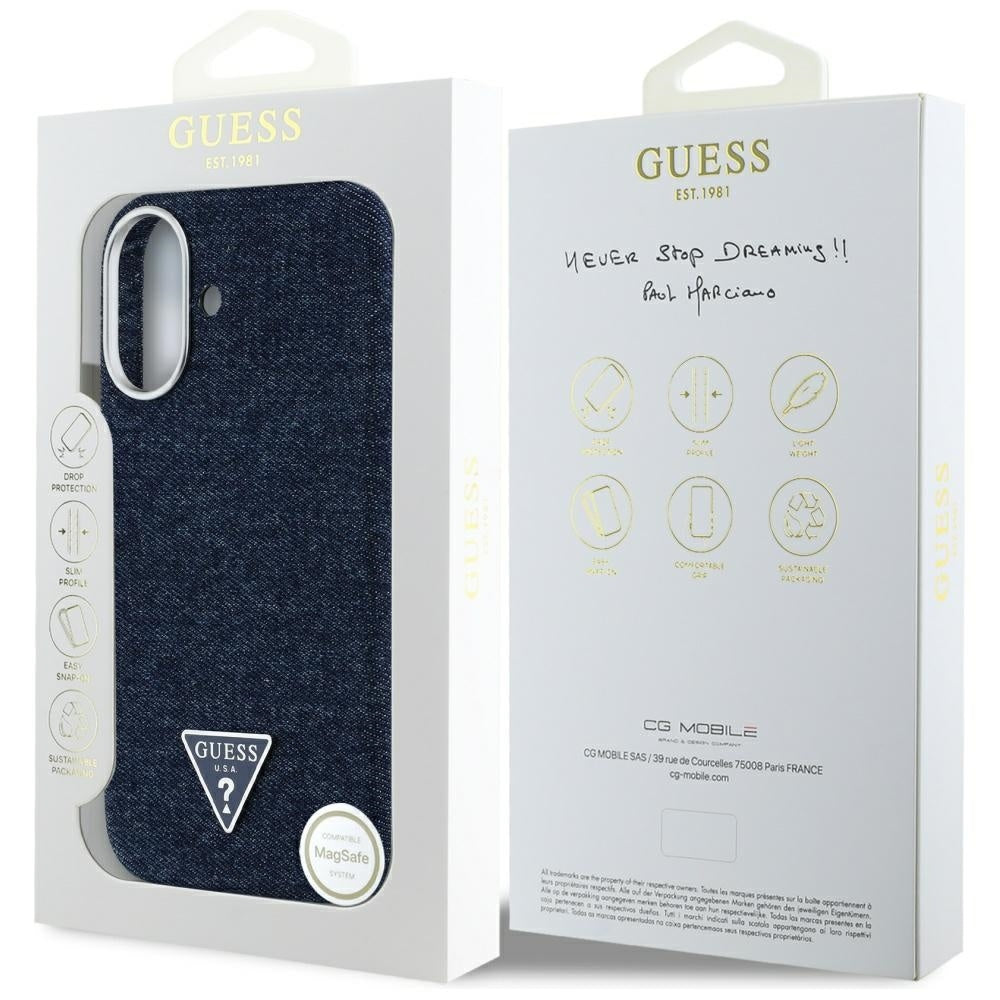 Ovitek MagSafe za Apple iPhone 16, Guess, Denim Triangle Logo, Modra