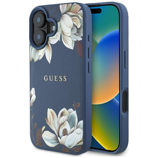 Ovitek MagSafe za Apple iPhone 16, Guess, Grained Flowers, Modra