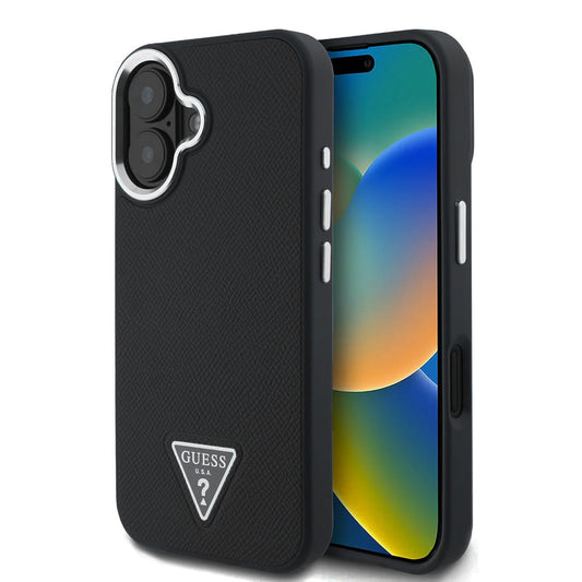 Ovitek MagSafe za Apple iPhone 16, Guess, Grained Triangle Logo, Črn