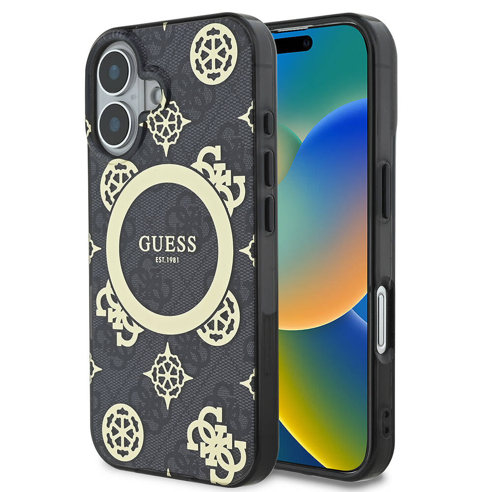 Ovitek MagSafe za Apple iPhone 16, Guess, IML 4G Peony, Črn GUHMP16SH4PYEEK