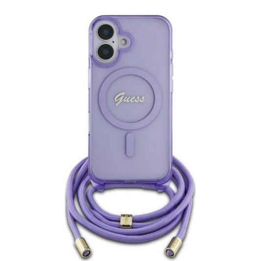 Ovitek MagSafe za Apple iPhone 16, Guess, IML Crossbody Cord Script, Vijolična