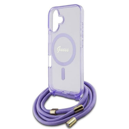 Ovitek MagSafe za Apple iPhone 16, Guess, IML Crossbody Cord Script, Vijolična