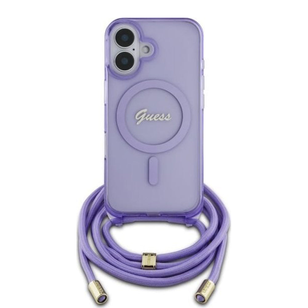 MagSafe ovitek za Apple iPhone 16, Guess, IML Crossbody Cord Script, Roza