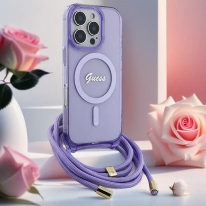 MagSafe ovitek za Apple iPhone 16, Guess, IML Crossbody Cord Script, Roza