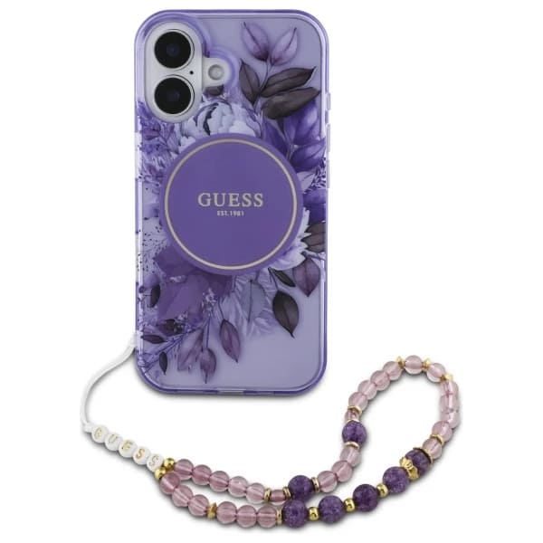Ovitek MagSafe za Apple iPhone 16, Guess, IML Flowers with Pearl Strap, Vijolična