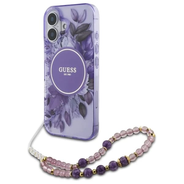 Ovitek MagSafe za Apple iPhone 16, Guess, IML Flowers with Pearl Strap, Vijolična