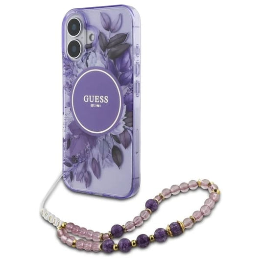 Ovitek MagSafe za Apple iPhone 16, Guess, IML Flowers with Pearl Strap, Vijolična