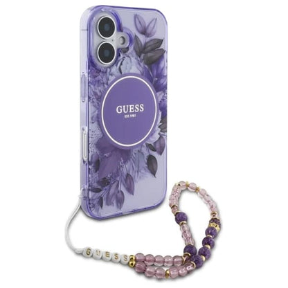 Ovitek MagSafe za Apple iPhone 16, Guess, IML Flowers with Pearl Strap, Vijolična