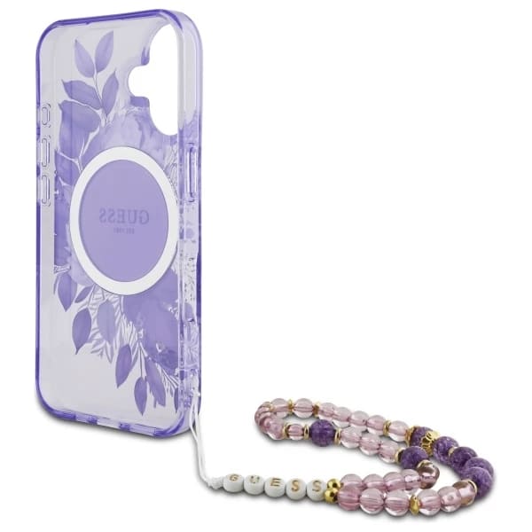 Ovitek MagSafe za Apple iPhone 16, Guess, IML Flowers with Pearl Strap, Vijolična