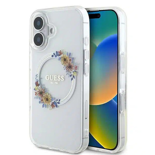 Ovitek MagSafe za Apple iPhone 16, Guess, IML Flowers Wreath, Prozoren