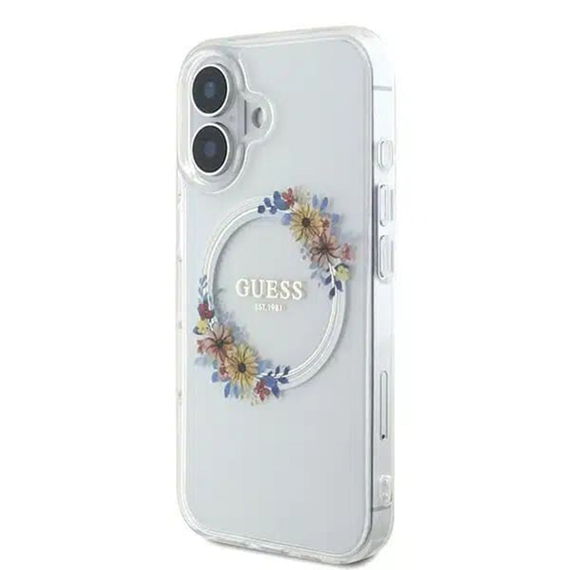 Ovitek MagSafe za Apple iPhone 16, Guess, IML Flowers Wreath, Prozoren