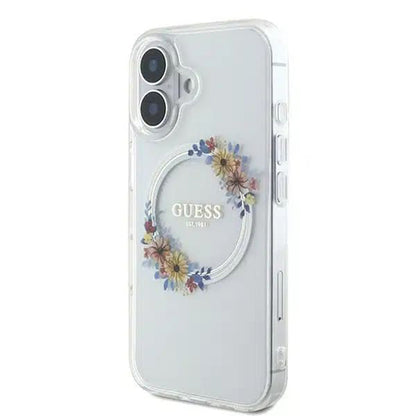 Ovitek MagSafe za Apple iPhone 16, Guess, IML Flowers Wreath, Prozoren