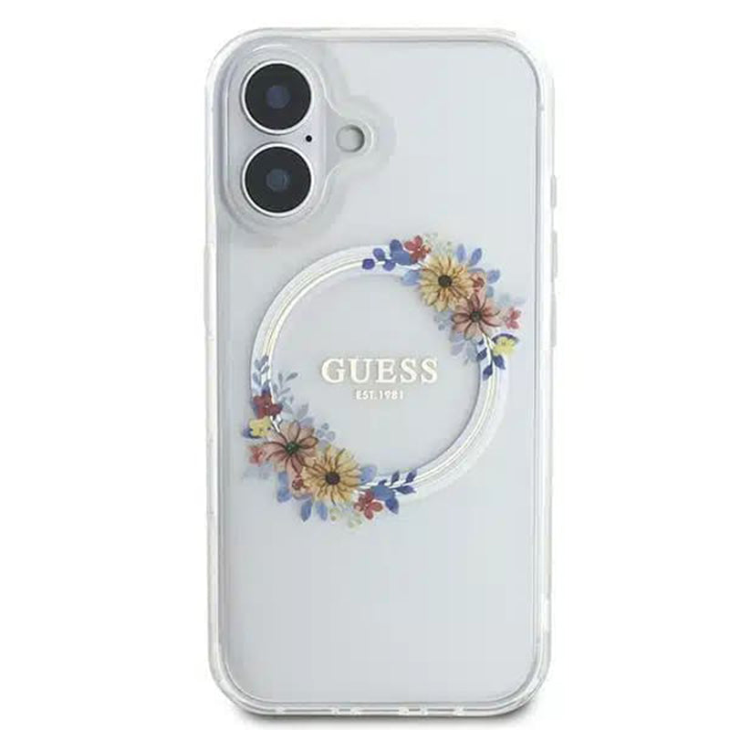 Ovitek MagSafe za Apple iPhone 16, Guess, IML Flowers Wreath, Prozoren