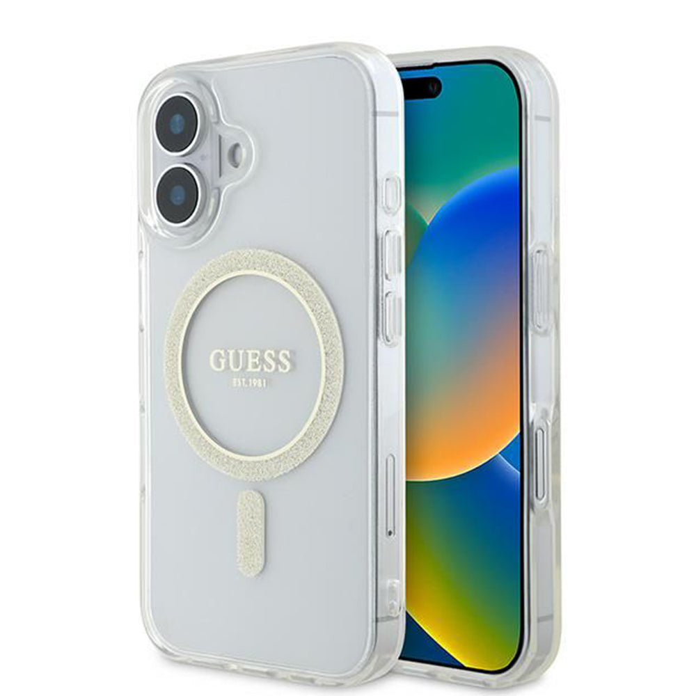 Ovitek MagSafe za Apple iPhone 16, Guess, IML Glitter Circle, Prozoren