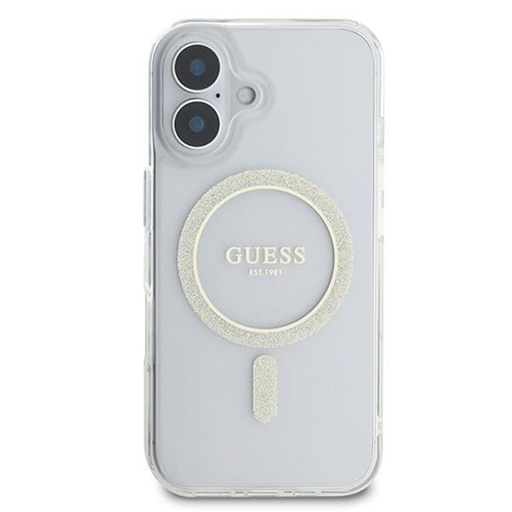 Ovitek MagSafe za Apple iPhone 16, Guess, IML Glitter Circle, Prozoren