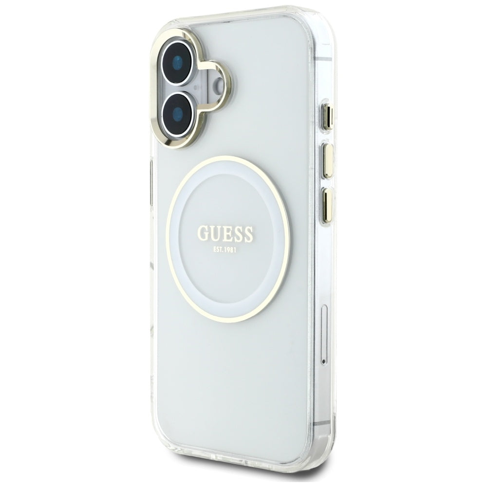 MagSafe ovitek za Apple iPhone 16, Guess, IML Metal Colored Circle, Bela