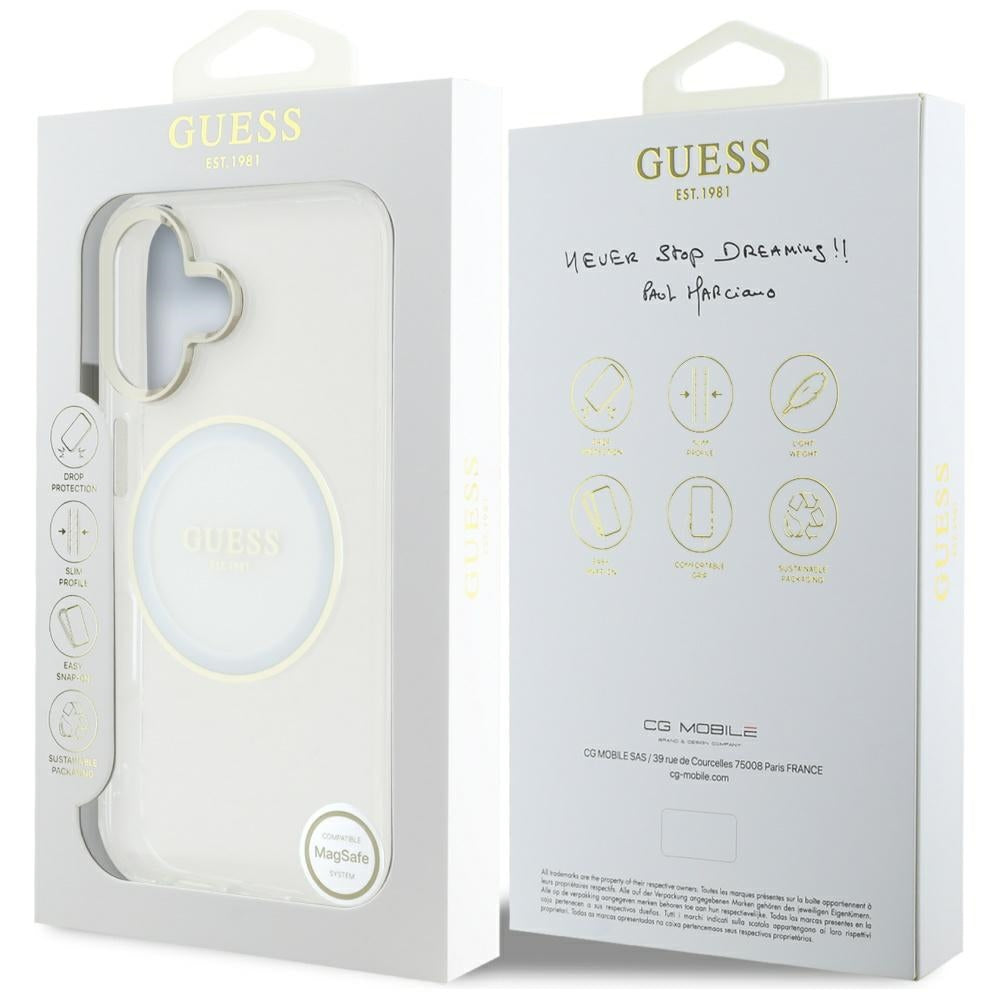 MagSafe ovitek za Apple iPhone 16, Guess, IML Metal Colored Circle, Bela
