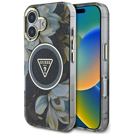 Ovitek MagSafe za Apple iPhone 16, Guess, IML Metal Glitter Flowers Triangle, črn