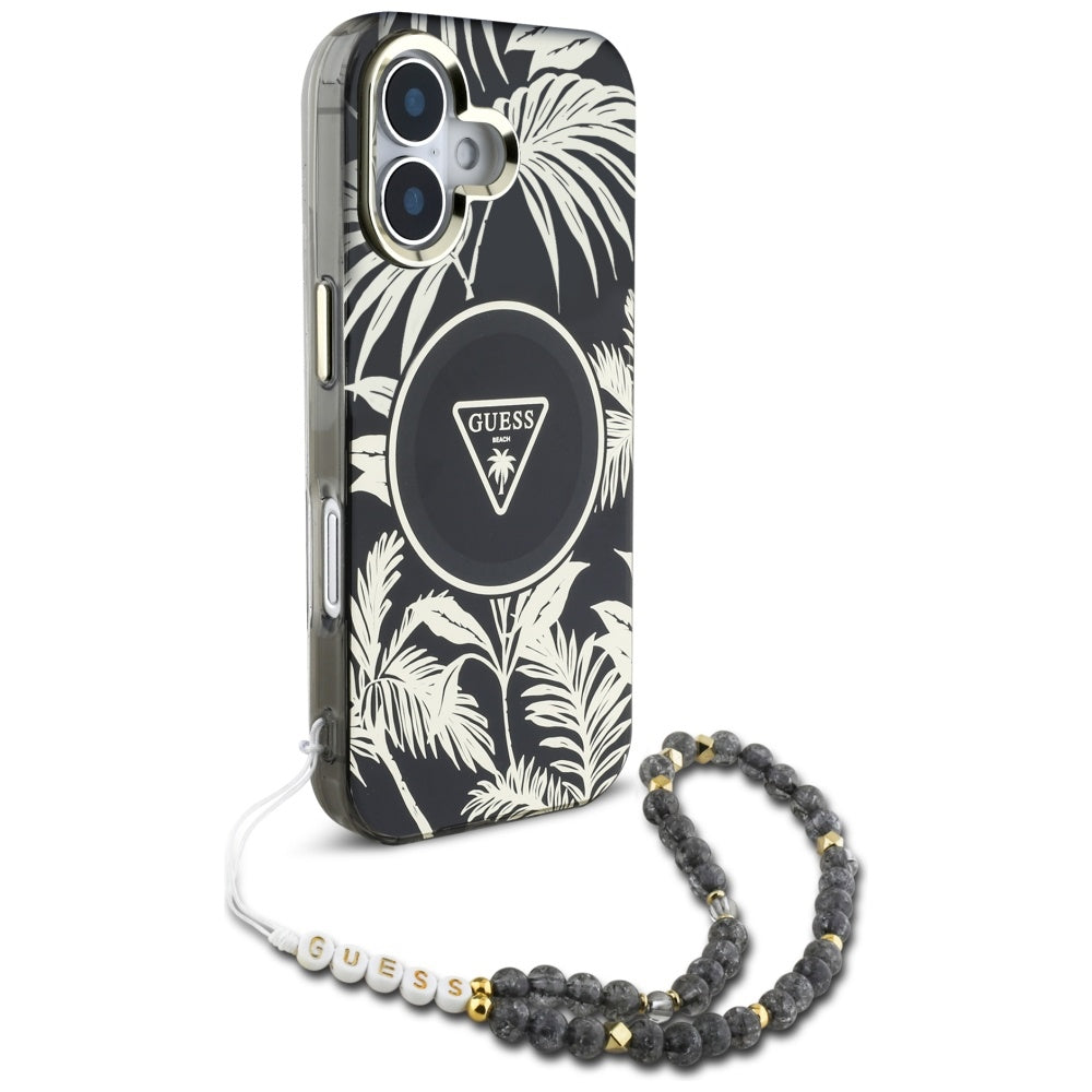 Ovitek MagSafe za Apple iPhone 16, Guess, IML Palm Trees Triangle with Pearl Strap, črn