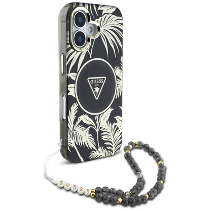 Ovitek MagSafe za Apple iPhone 16, Guess, IML Palm Trees Triangle with Pearl Strap, črn