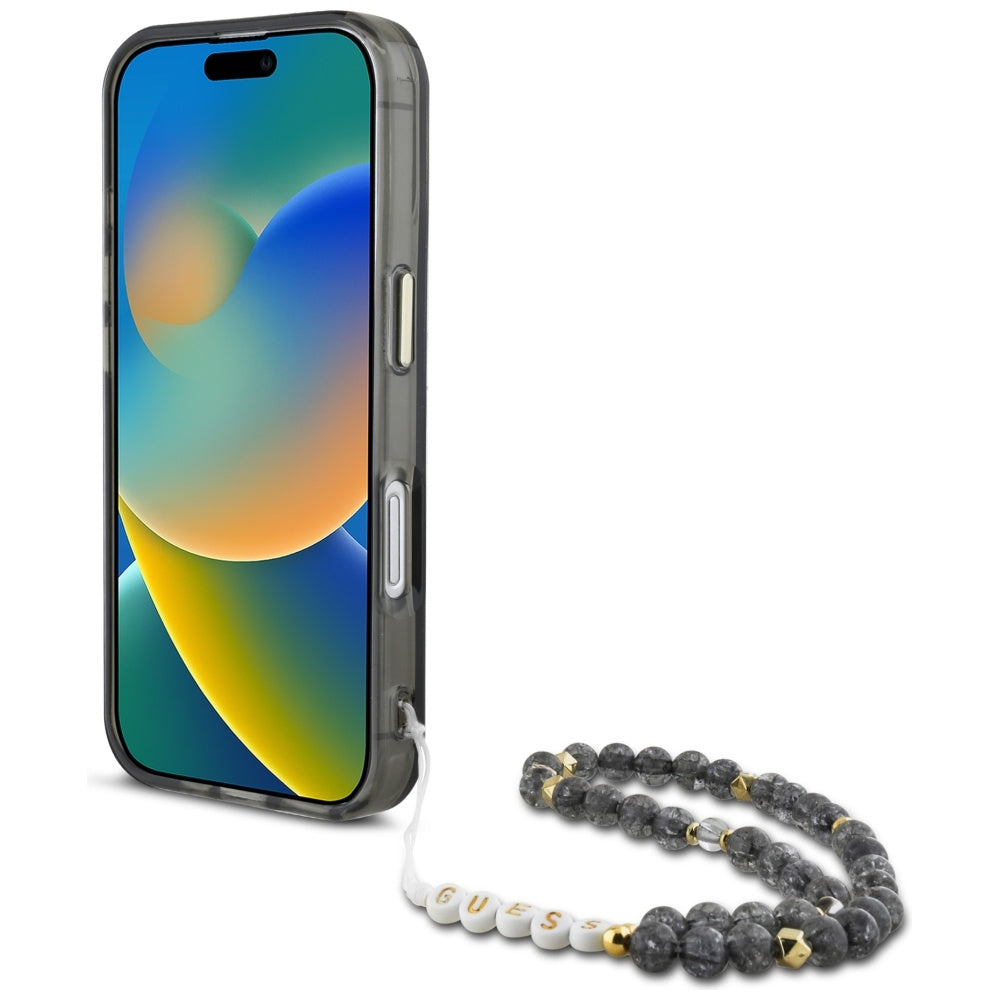 Ovitek MagSafe za Apple iPhone 16, Guess, IML Palm Trees Triangle with Pearl Strap, črn