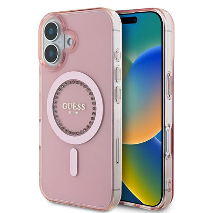 MagSafe ovitek za Apple iPhone 16, Guess, IML Rhinestones Ring, Roza GUHMP16SPFTDTEP
