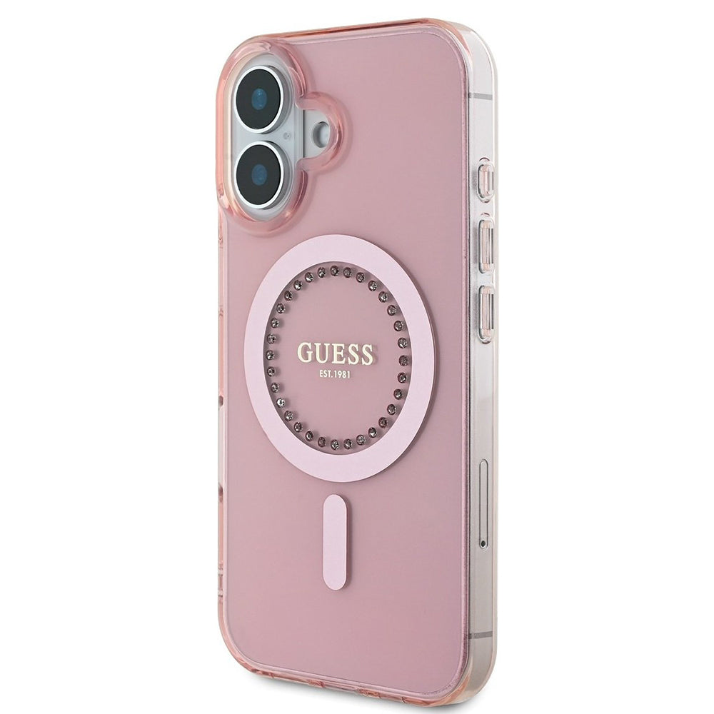 MagSafe ovitek za Apple iPhone 16, Guess, IML Rhinestones Ring, Roza GUHMP16SPFTDTEP
