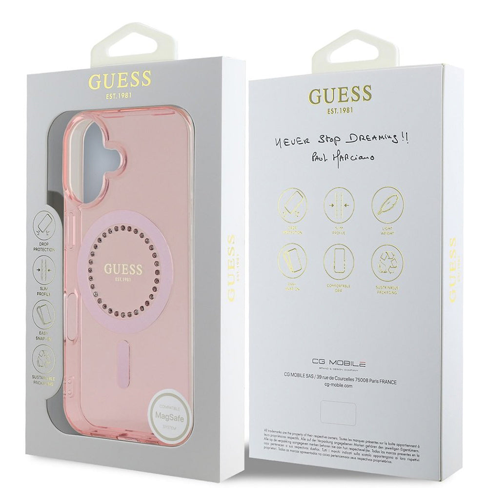 MagSafe ovitek za Apple iPhone 16, Guess, IML Rhinestones Ring, Roza GUHMP16SPFTDTEP