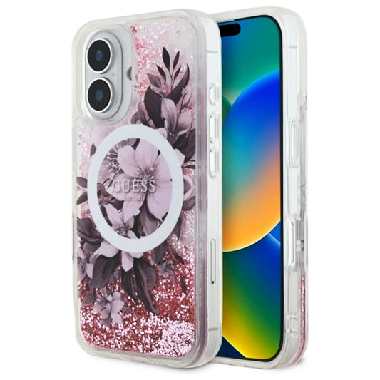 Ovitek MagSafe za Apple iPhone 16, Guess, Liquid Glitter Flower, Roza
